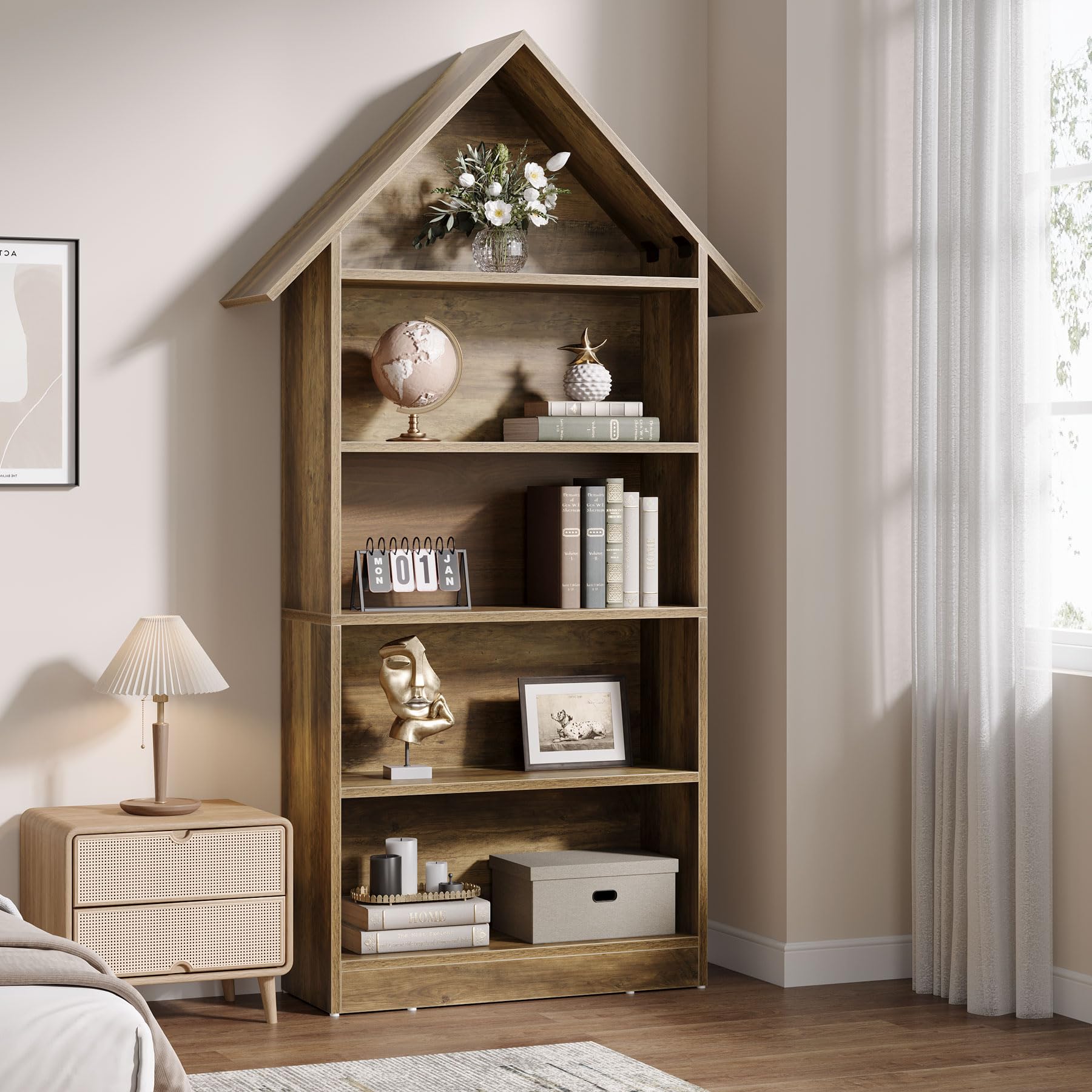 Tribesigns Wood Etagere Bookcase Tall Arch Bookshelf with Five Open Storage Organizer for Living Room Home Office, 5 Tier Books Case Book Shelf Floor Standing Display Shelves for Bedroom, Rustic Brown