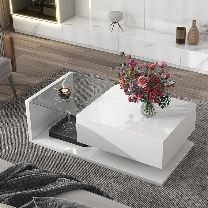 Coffee Table, 2-Tier Rectangular Coffee Table with Tempered Glass, Modern Cocktail Table