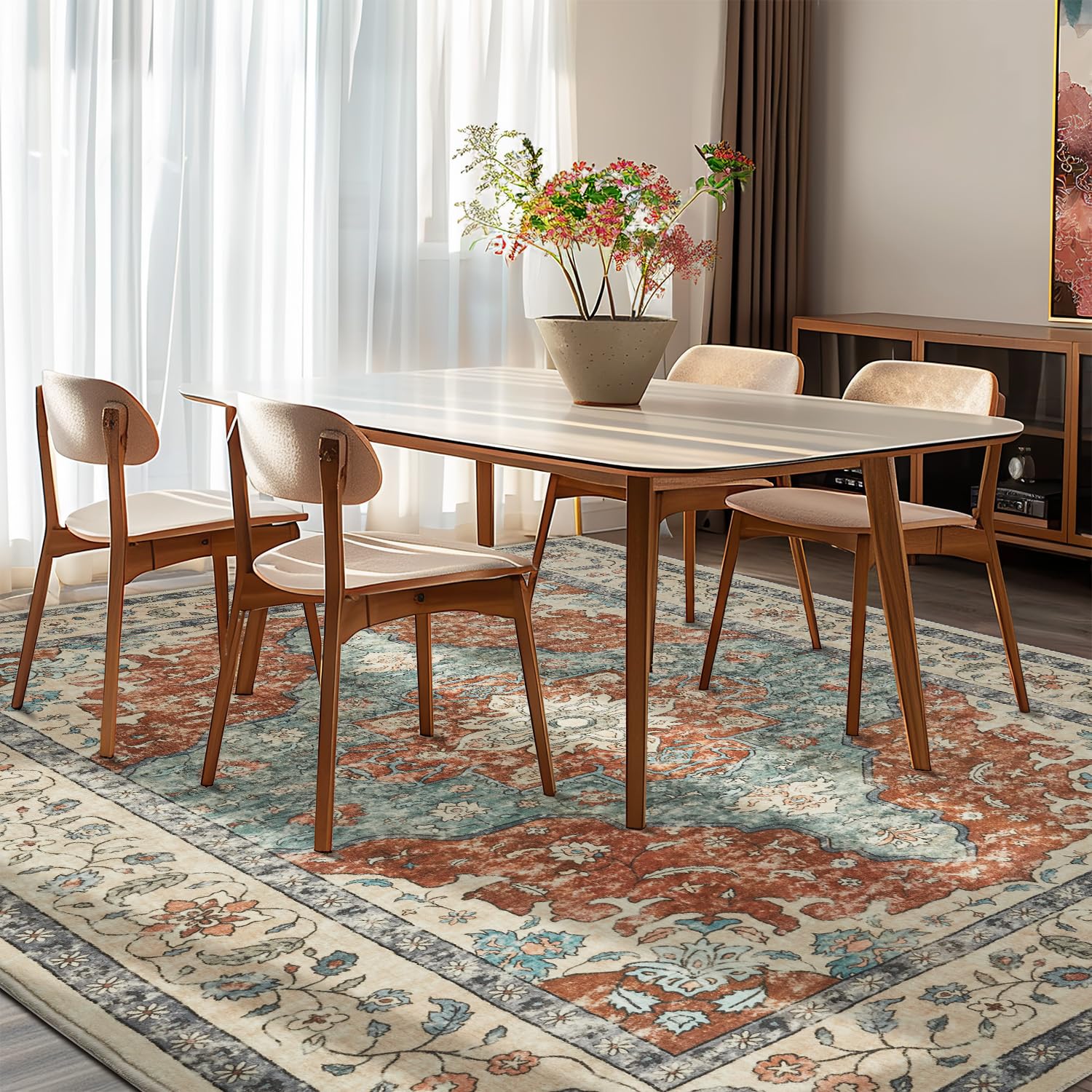 Washable Area Rug - 5'x7' Boho Living Room Rug, Non-Slip Soft Rugs Indoor for Bedroom