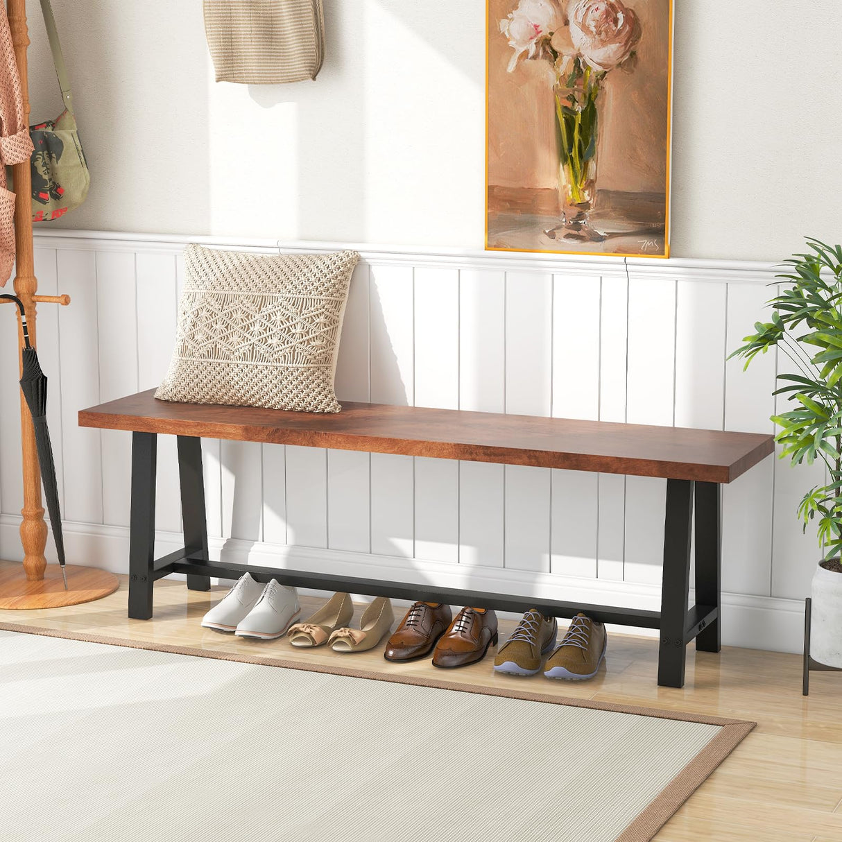 60” Wood Dining Bench, 3 Person Entryway Shoe Bench