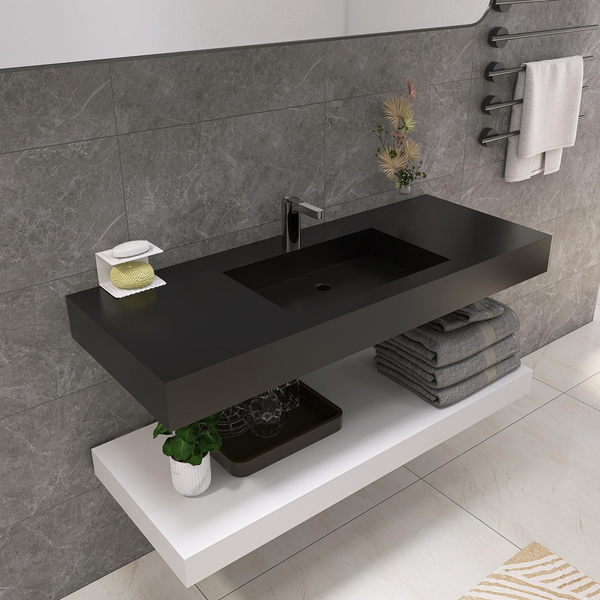 47"x19" Wall Mount Bathroom Vanity ,Bathroom Vanities with Sink Black Stone Resin