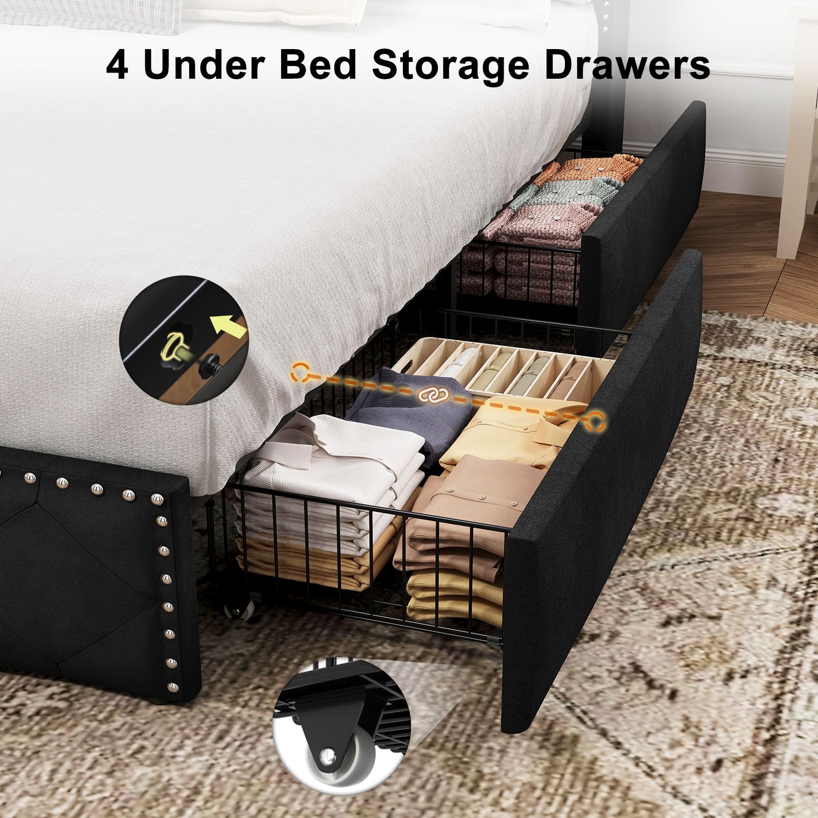 LARMACE Queen Size Bed Frame with LED Lights & USB Charging Station, Velvet Upholstered Platform Bed with Storage Headboard and 4 Drawers, Noise Free, Easy Assembly, Black