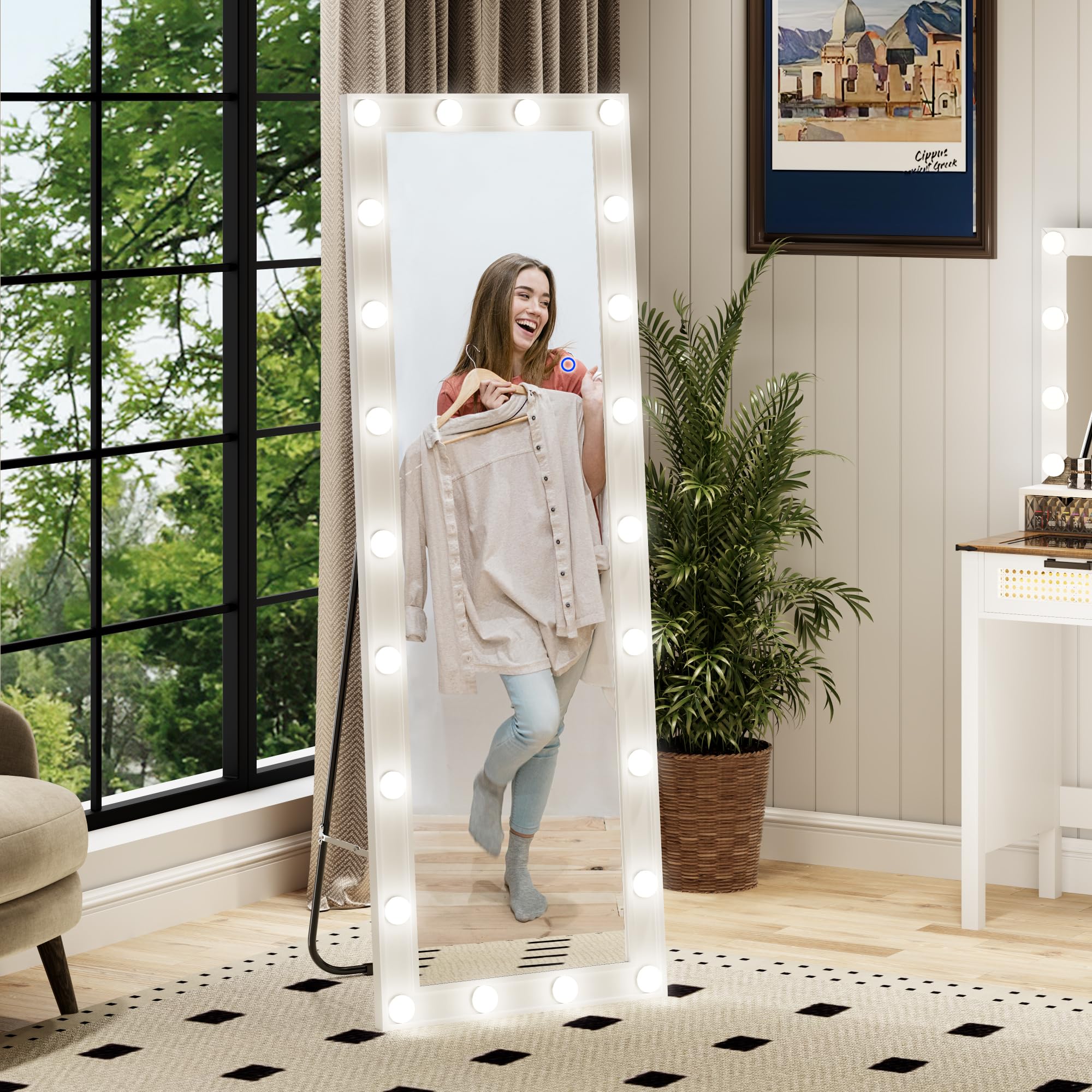 Full Length Mirror with Lights, Hollywood Floor Full Body Mirror with Stand