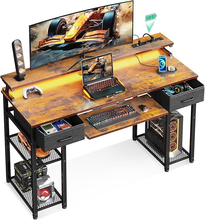 Computer Desk with LED Lights & Power Outlet, 48 Inch Gaming Desk with Keyboard