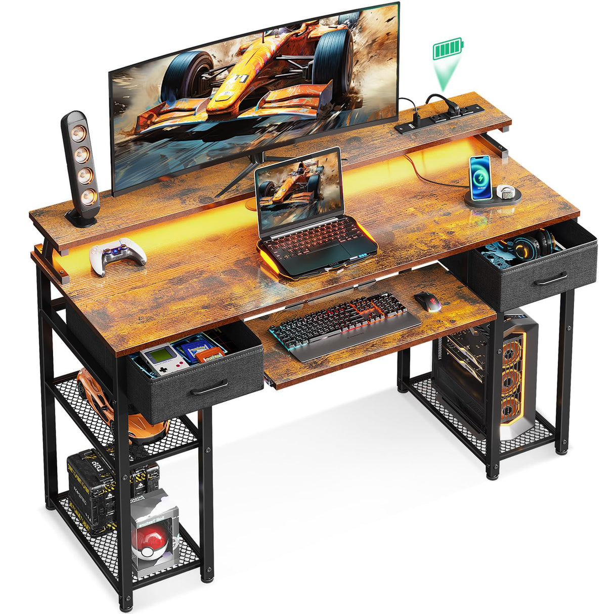 Computer Desk with LED Lights & Power Outlet, 48 Inch Gaming Desk with Keyboard