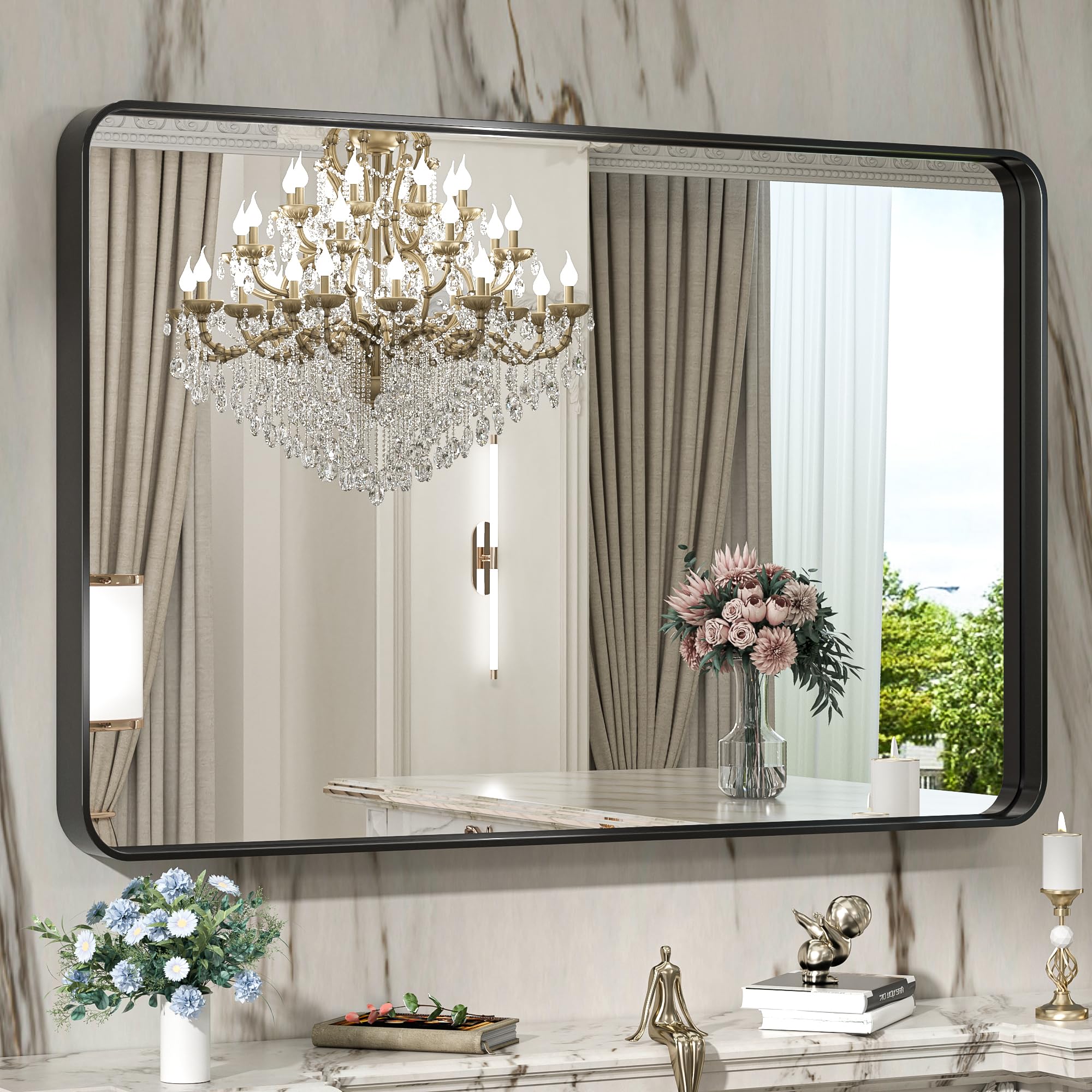 Mirror for Bathroom Black Metal Frame Decorative Rectangular