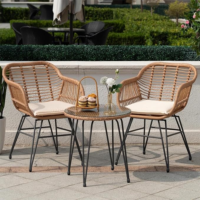 3 Piece Outdoor Wicker Furniture Patio Bistro Set, Balcony Furniture Rattan Conversation