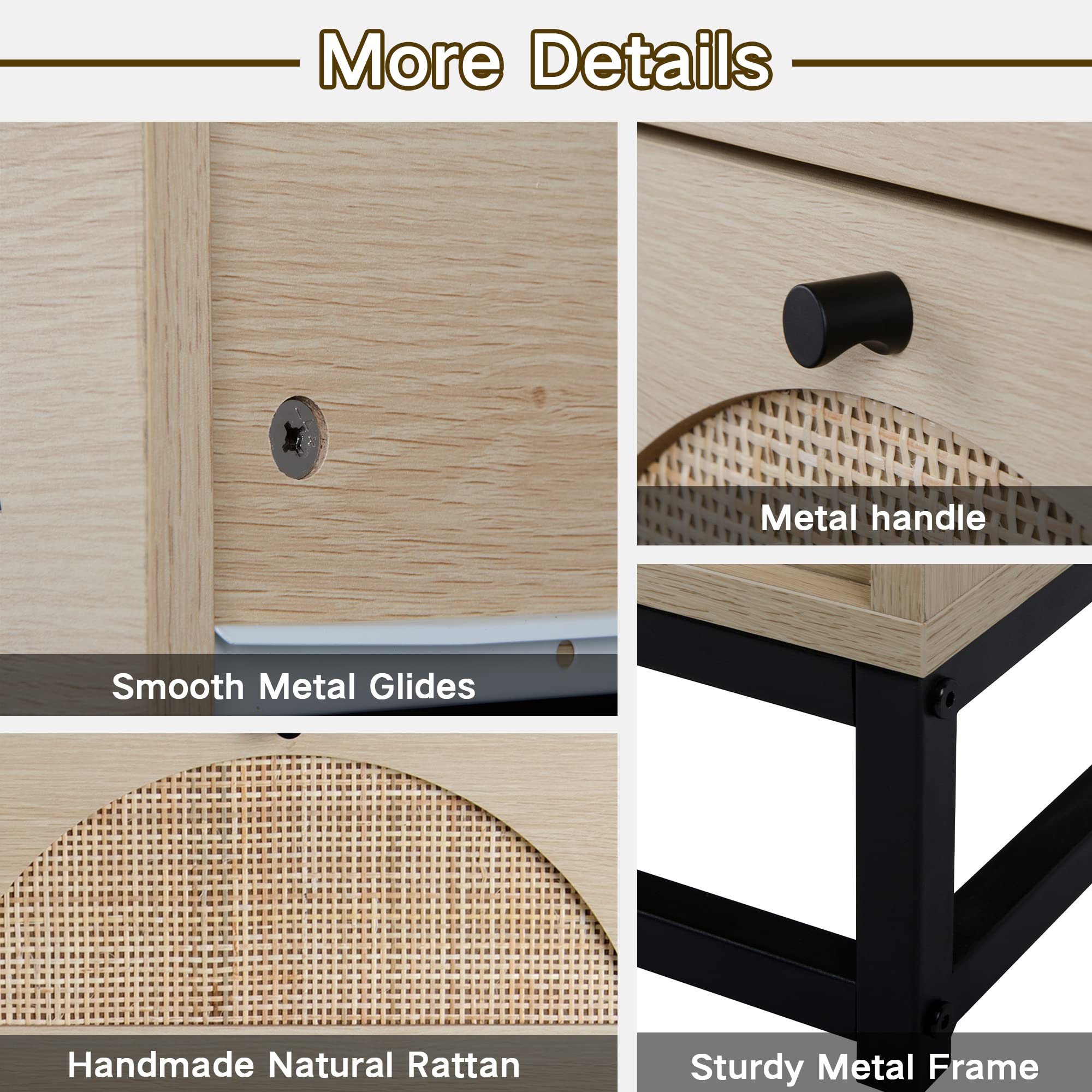 4 Drawer Rattan Dresser with Metal Legs - Natural Oak Storage Cabinet for Bedroom