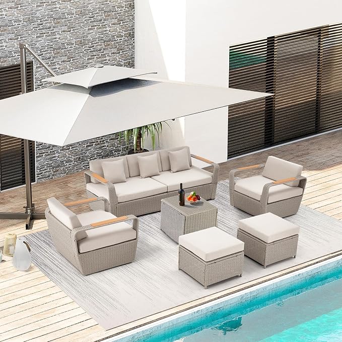 6 Pieces Patio Furniture Set, Outdoor Sectional Conversation Rattan Sofa Set