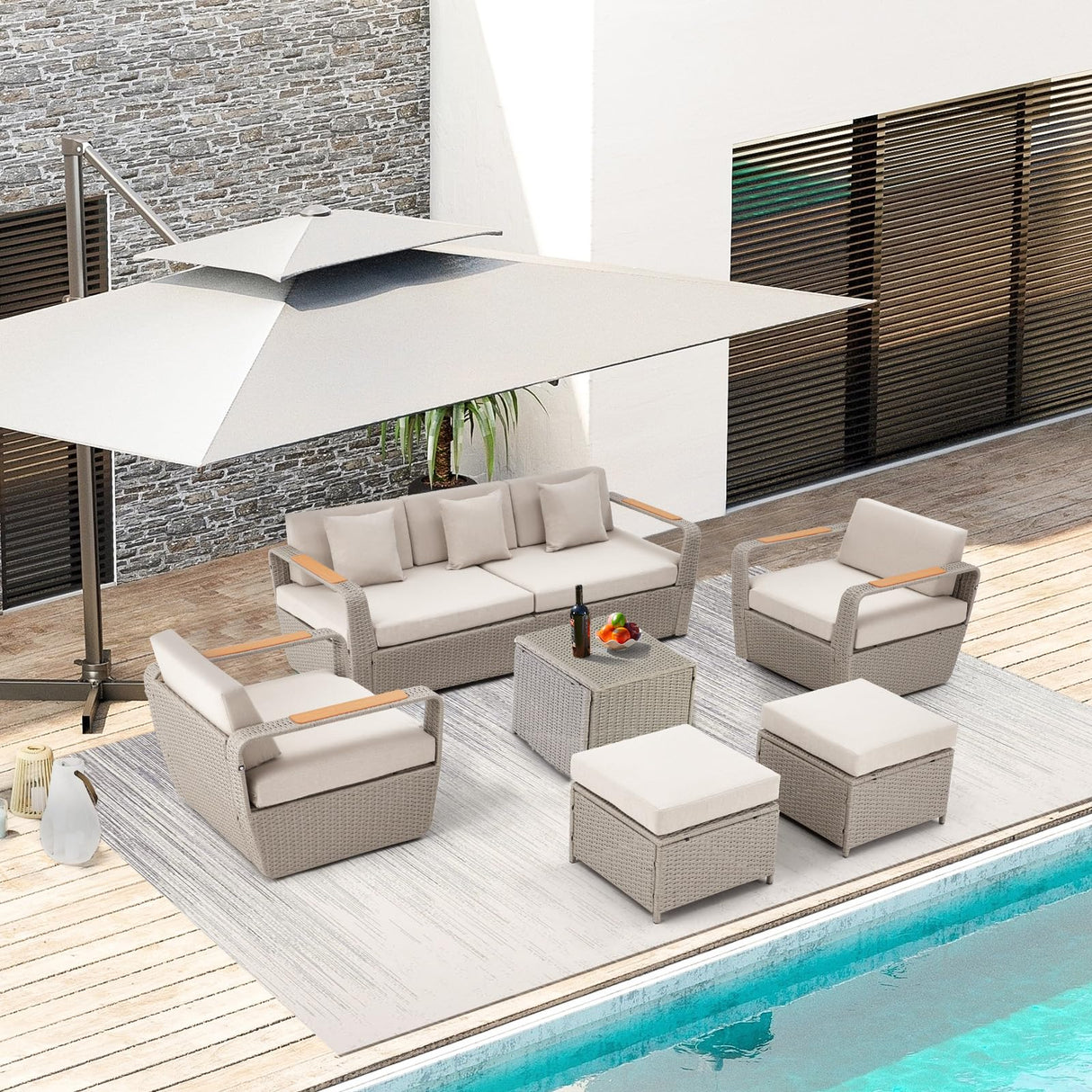 6 Pieces Patio Furniture Set, Outdoor Sectional Conversation Rattan Sofa Set