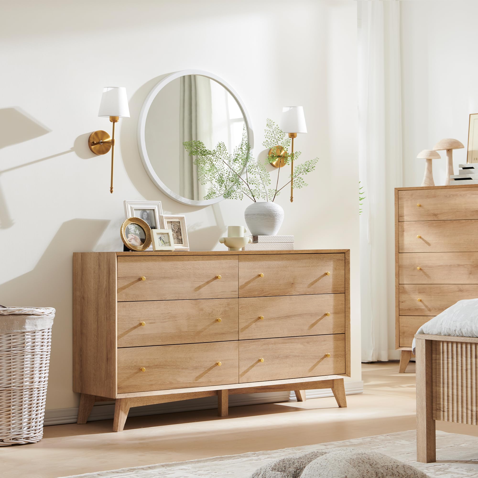 6 Drawer Dresser, 54" Wide Mid Century Modern Chest of Drawers