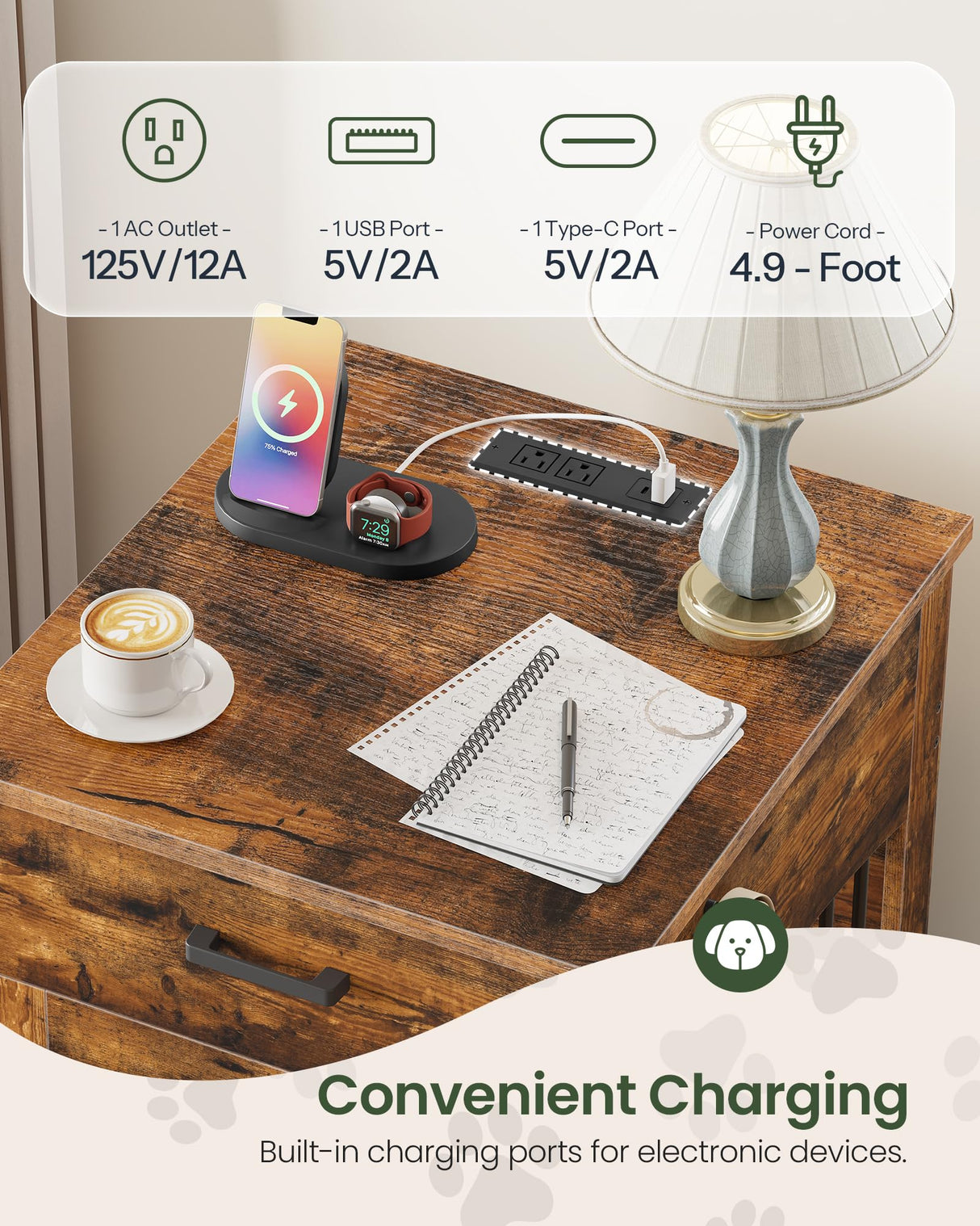 Wooden Dog Crate Furniture with Charging Station & Storage