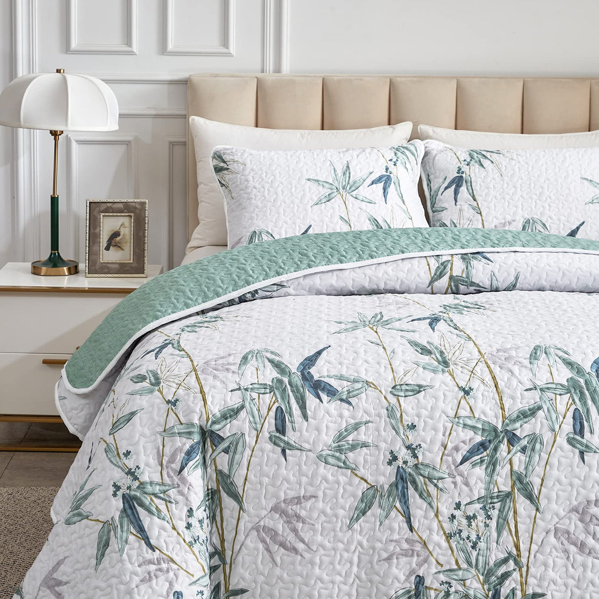 Green Leaves Printed on White Reversible Bedspread Coverlet Set