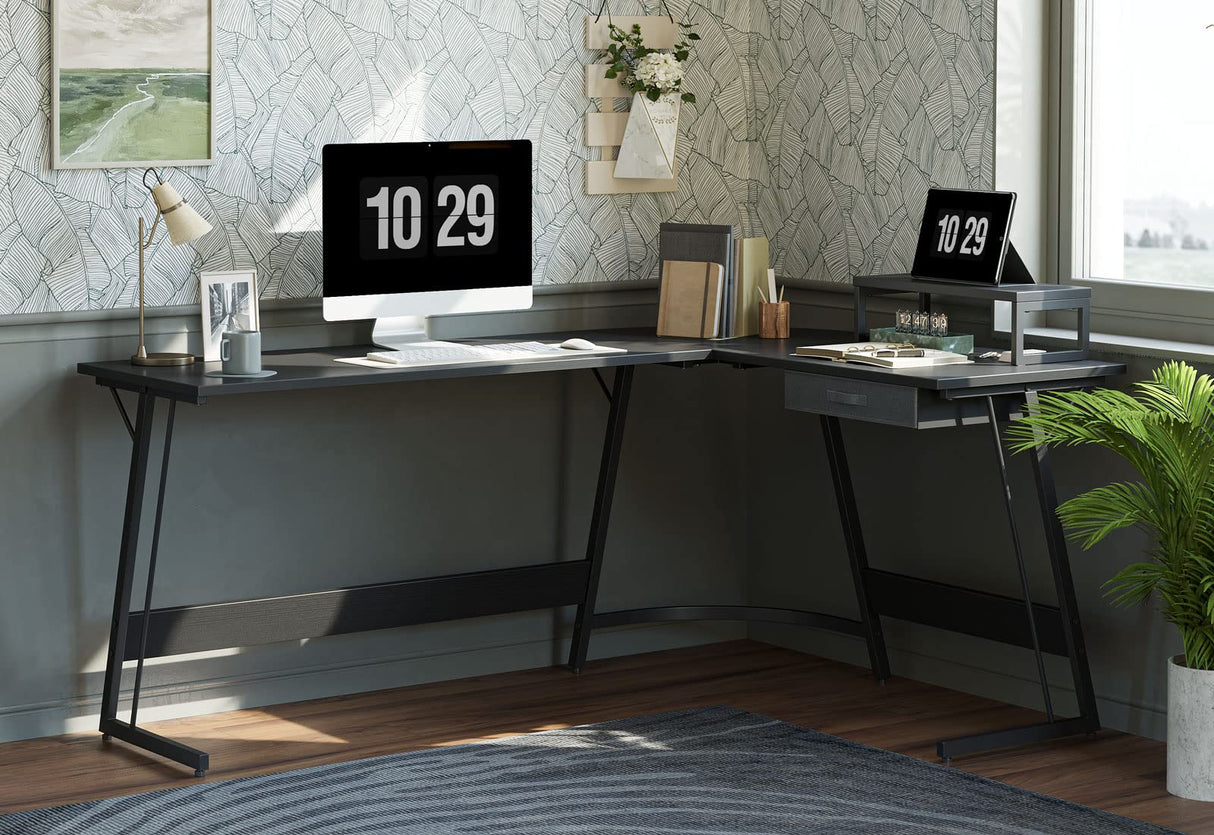 67 inch L Shaped Desk, Corner Computer Desk, Gaming Desk with Small Table and Drawer, Home Office Study Writing Workstation, Space-Saving, Black