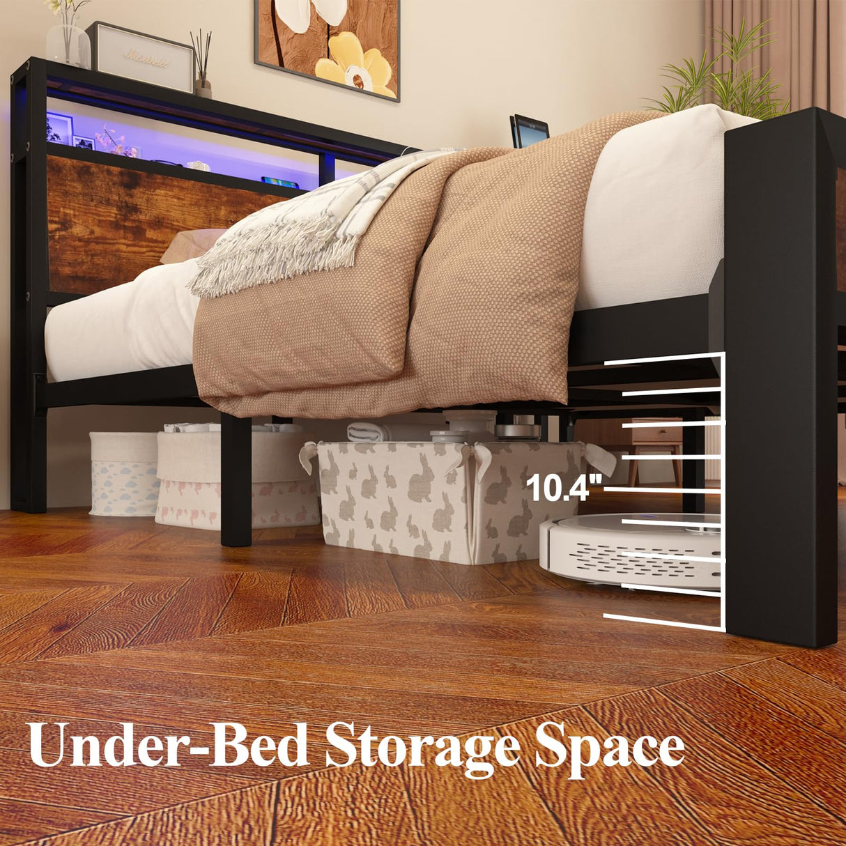 LoVinson Queen Size Bed Frame with LED Lights, 2-Tier Storage Headboard with Charging Station, Wood Slat Support, No Box Spring Needed, Noise Free, Easy Assembly, Rustic Brown