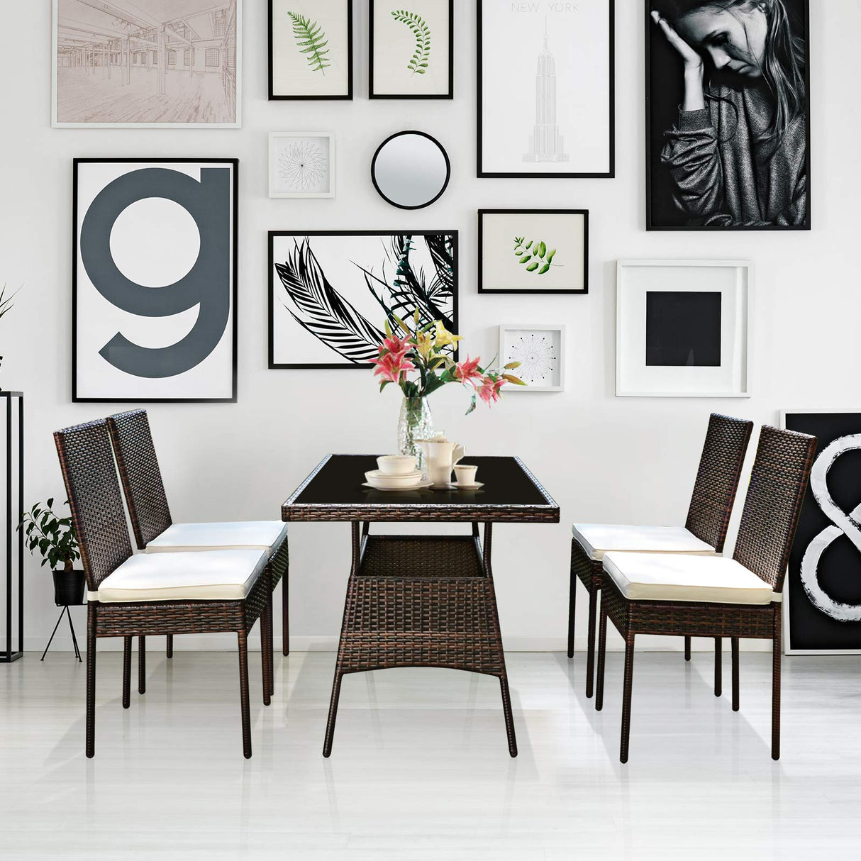 5 Piece Patio Wicker Dining Set, Outdoor Rattan Table and Chairs