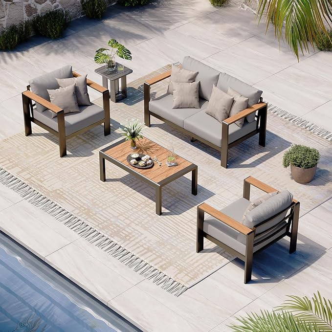 Aluminum Outdoor Patio Furniture Set with Coffee Table, 4 Piece Patio Conversation Sets
