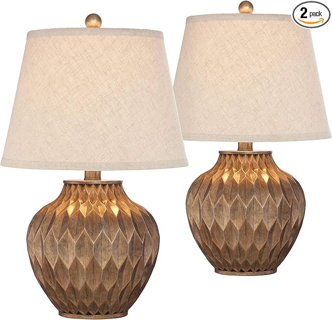 Traditional Style Small Accent Table Lamps 22" High Set of 2 Warm Bronze Geometric