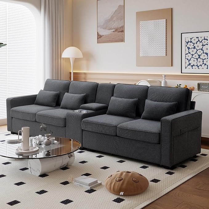 Modern 4 Seater Sofa with Sturdy Plastic Legs, Modern Linen Fabric Sofa