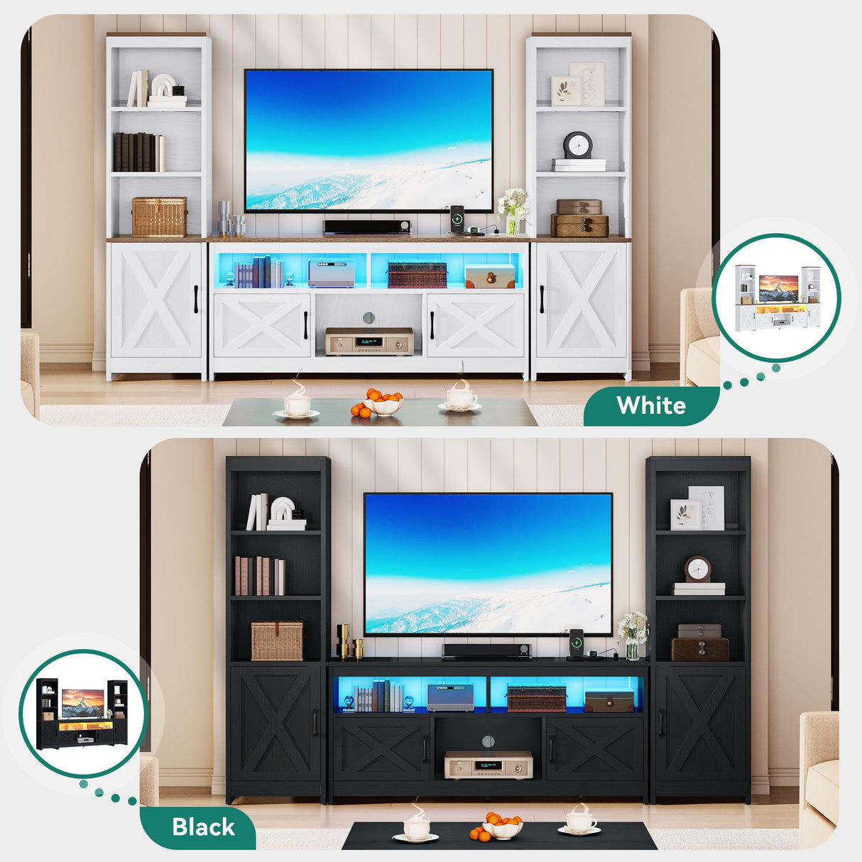 Farmhouse TV Stand for 65" TVs with LED Lights & Storage