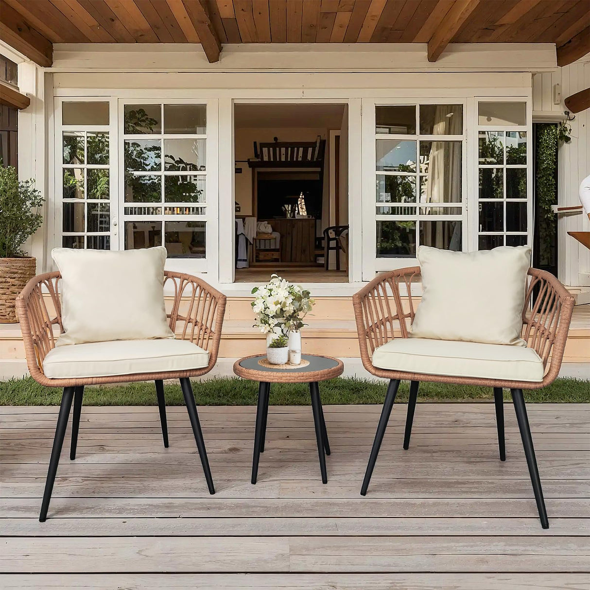 3 Piece Patio Bistro Set,Outdoor Rattan Furniture,All-Weather Patio Furniture Set