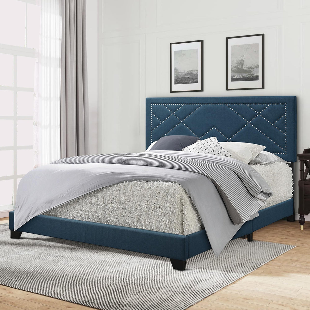 Fabric Upholstered Queen Bed with Block Legs, Blue, Brown
