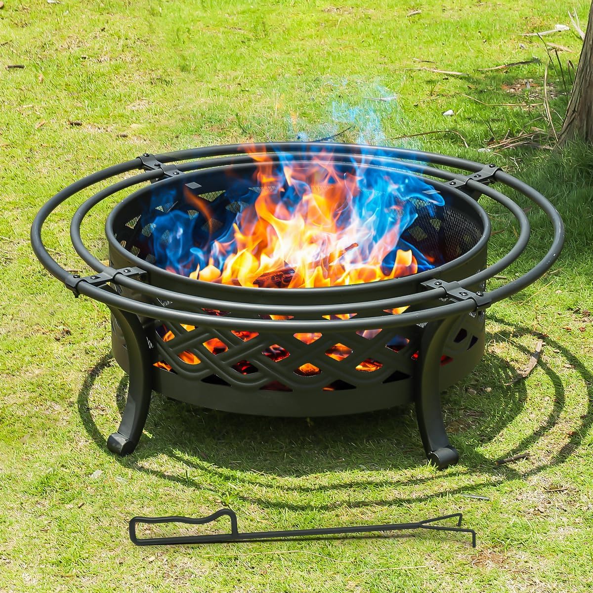 42 Inch Outdoor Fire Pit with 2 Loops,Crossweave Wood Burning Fire Pits for Outside