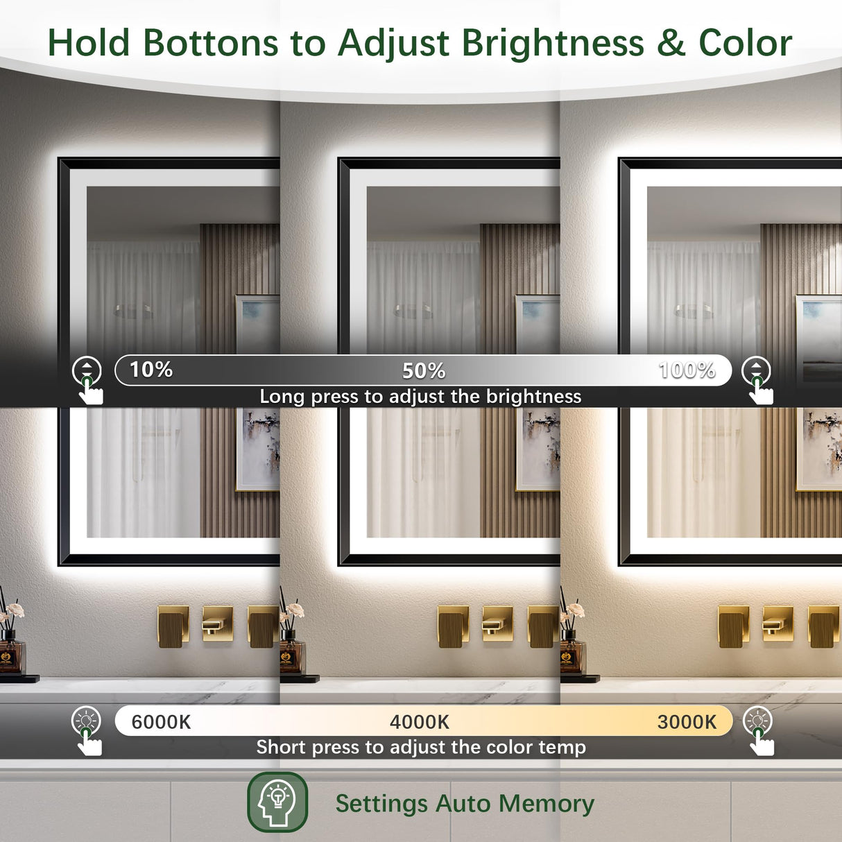 30x36 Black Framed LED Bathroom Mirror - Dimmable with Anti-Fog