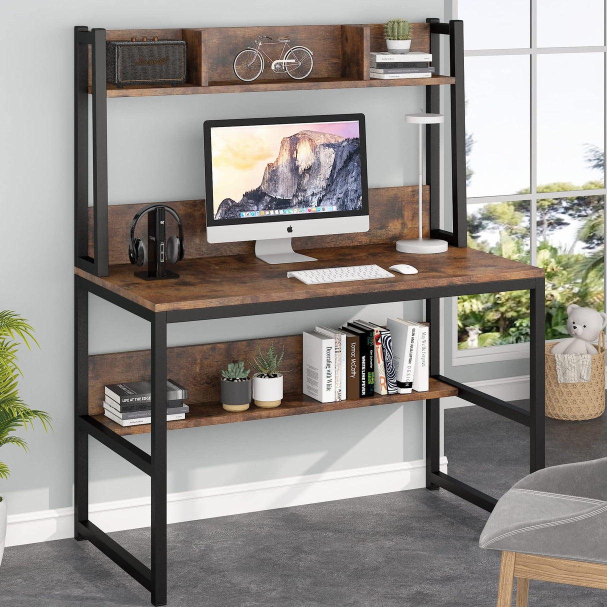 Computer Desk with Hutch, Wooden Small 42-inch Desk, Industrial Simple Office Desk with Storage Space for Home Office