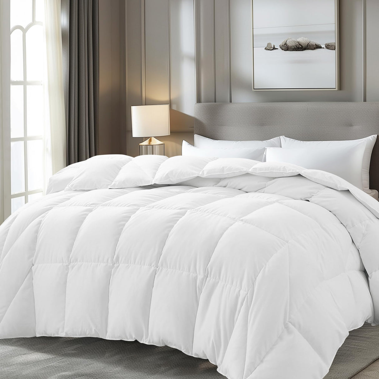Feather and Down Comforter King Size, Lightweight Duvet Insert, Ultra-Soft 100% Cotton Shell Light Warmth Bedding Comforters(White