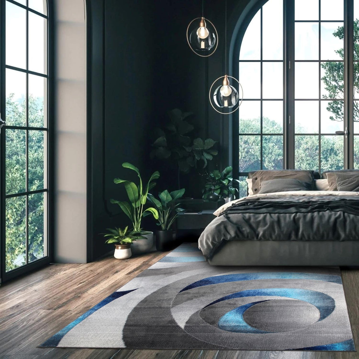 Blue Ocean Waves Area Rug 8x10 - Modern Abstract Swirl Design