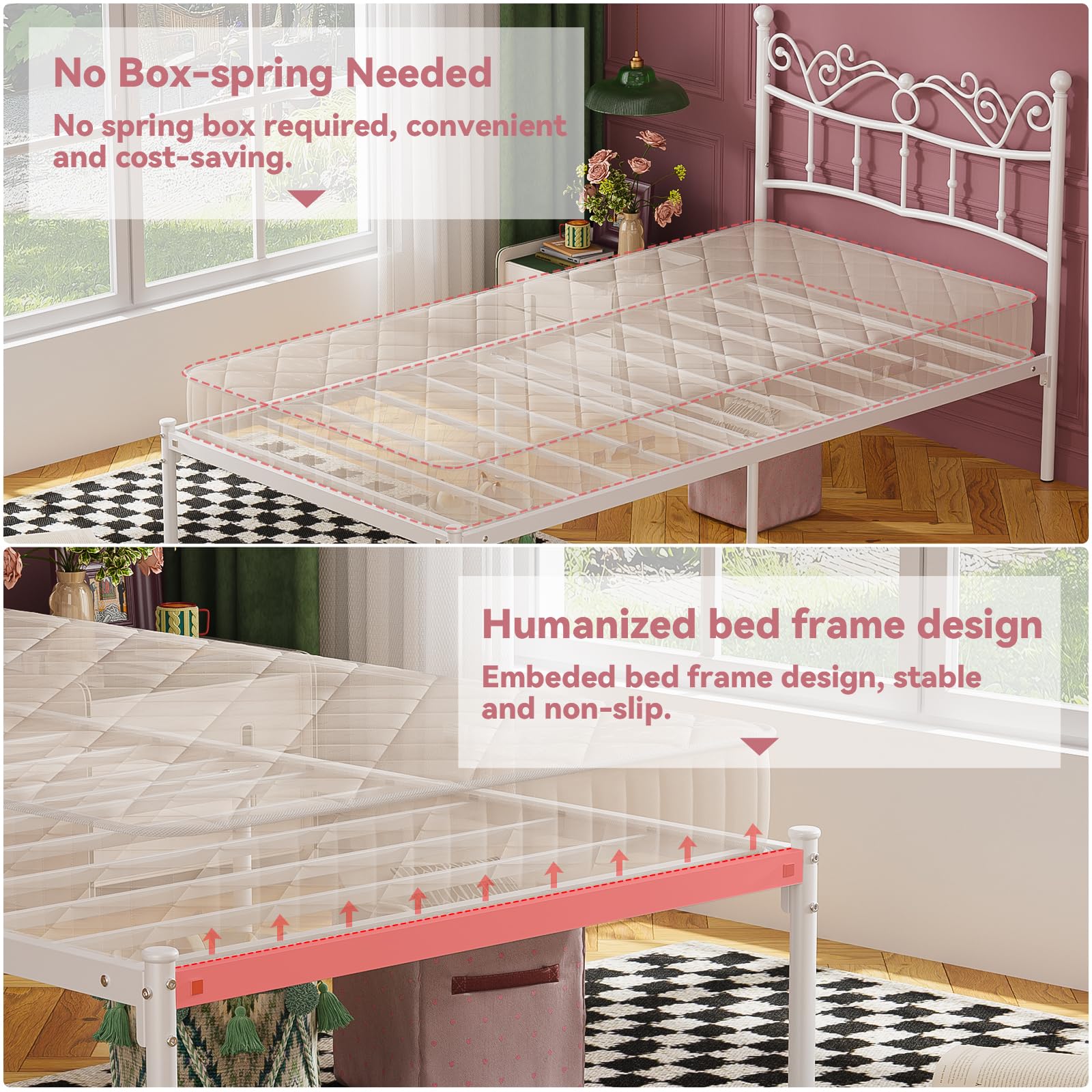 Weehom Twin Bed Frames for Kids, Vintage White Twin Size Platform Bed Frame with Headboard, No Box Spring Needed Metal Bed Frames for Girls