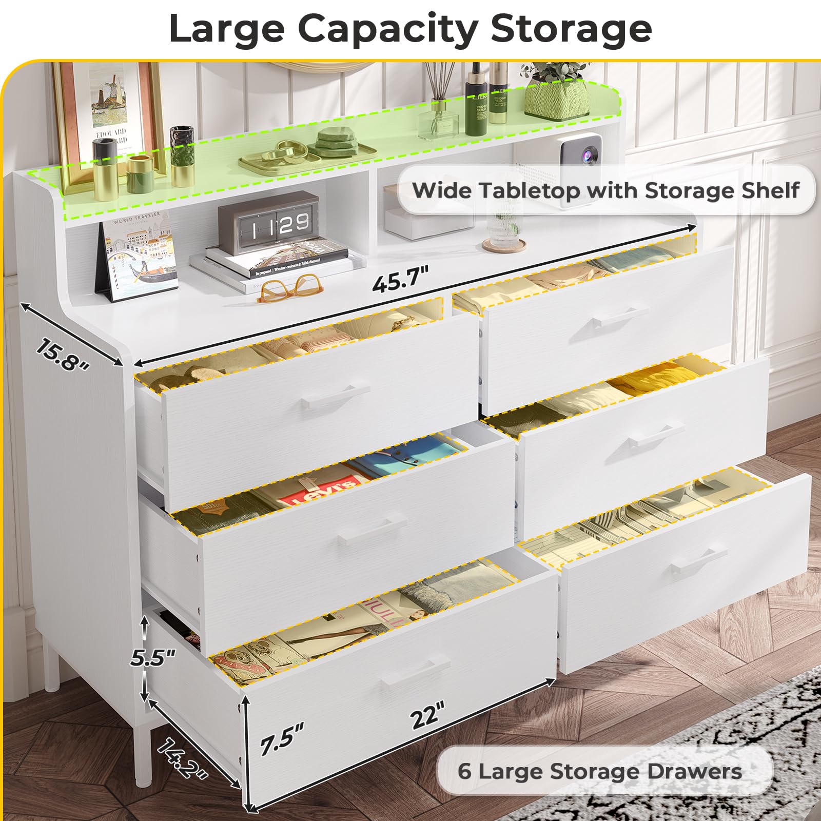 6 Drawers Double Dresser with Shelves, Large Wooden Storage Tower Organizer