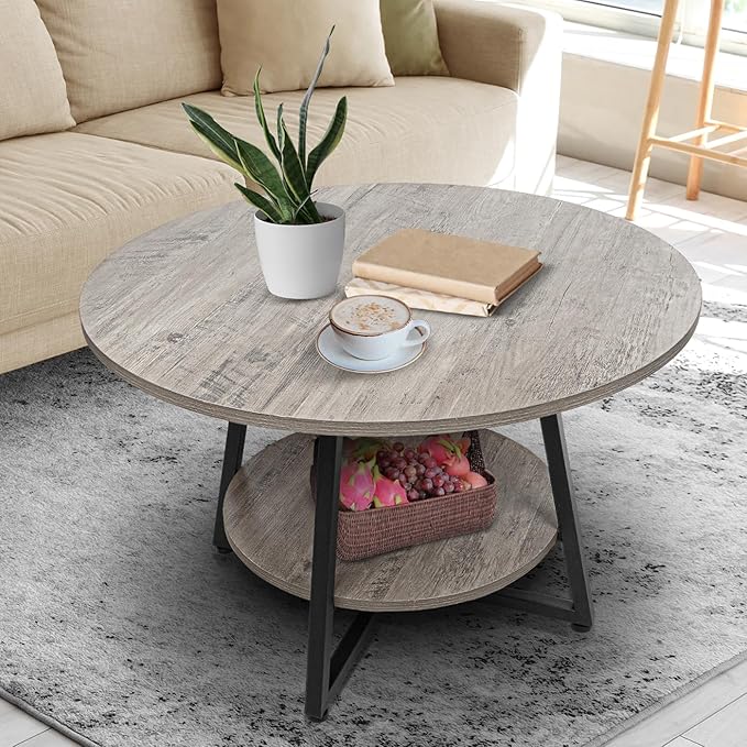 Round Coffee Table, 2-Tier Circle Coffee Table with Storage