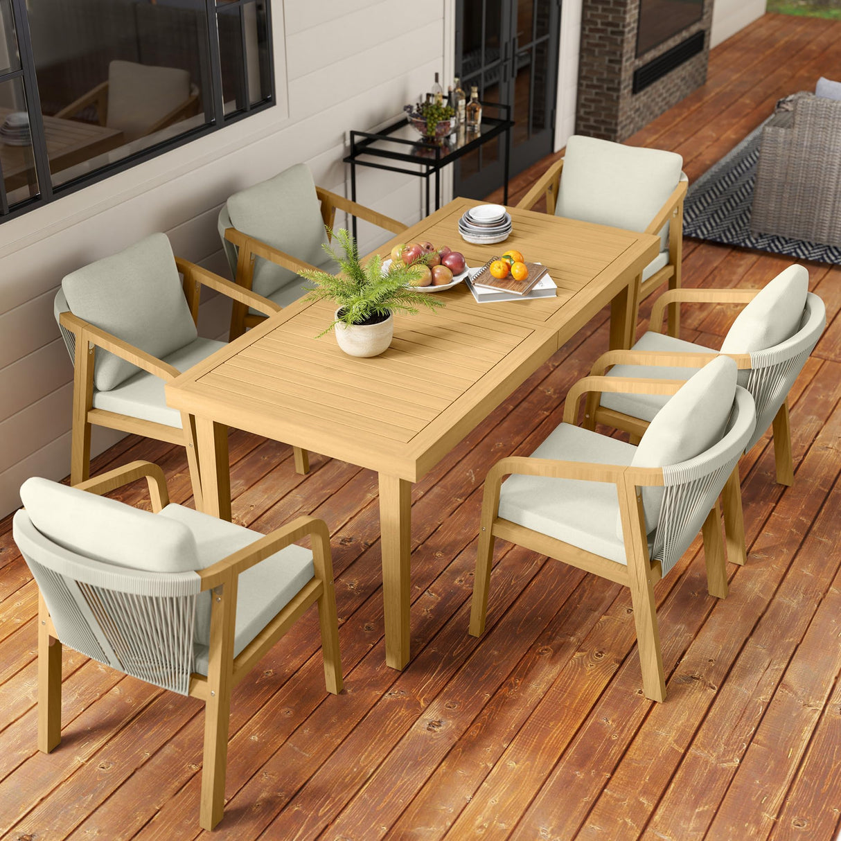 9 7-Piece Patio Dining Set, Acacia Wood Table and Chairs for Outdoor Lawn Backyard9