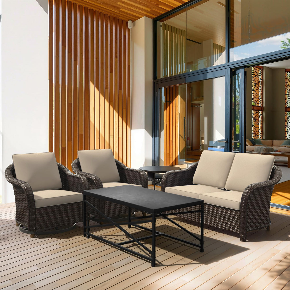 4 Pieces Outdoor Patio Conversation Furniture Set - 55" PE Rattan Sofa | Coffee Table