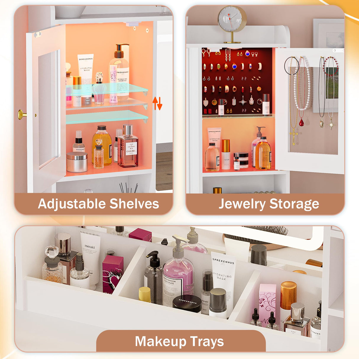 White Makeup Vanity Desk with Mirror and Lights, Make up Vanity Desk