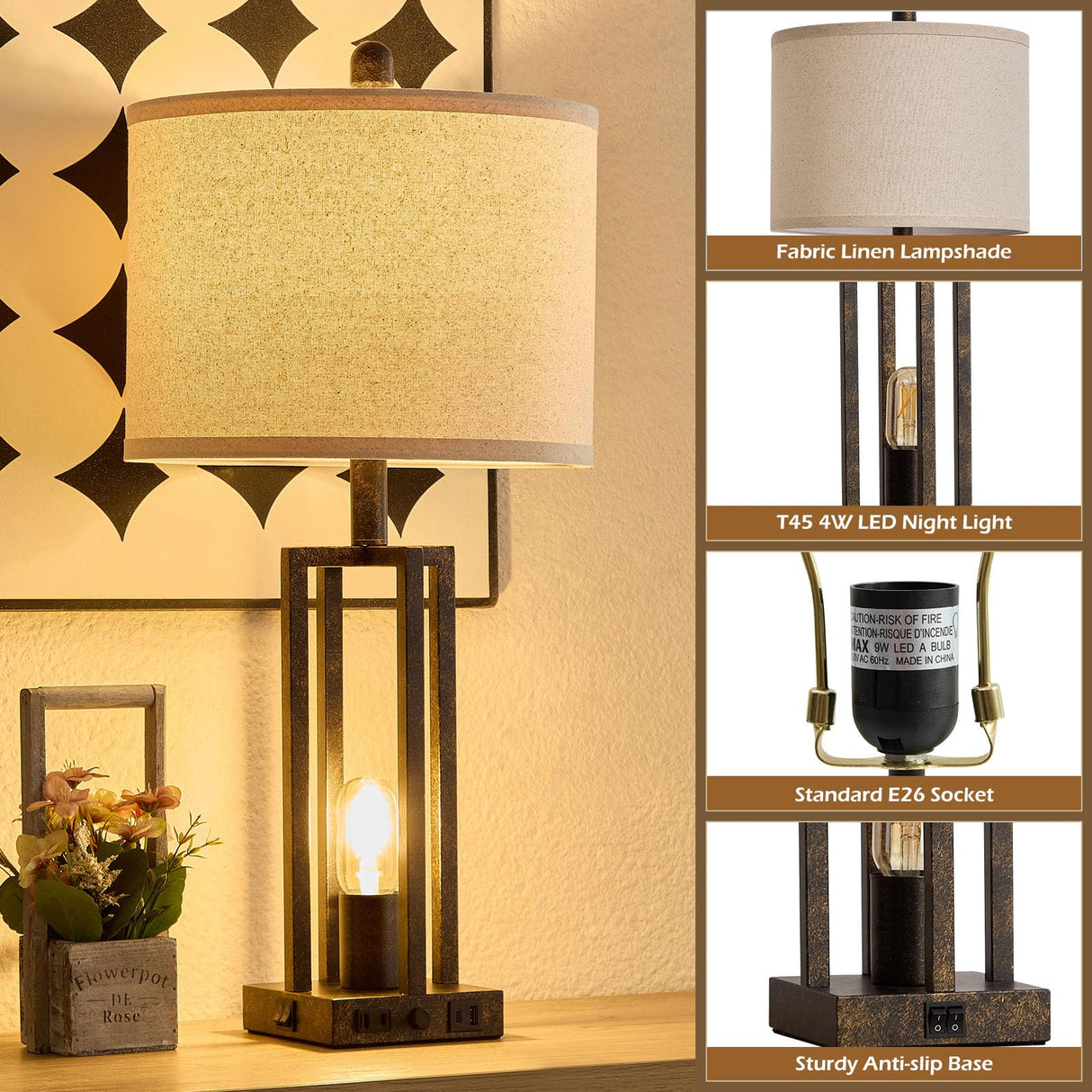 26.6" Farmhouse Table Lamps Set of 2 with USB Ports & Outlet