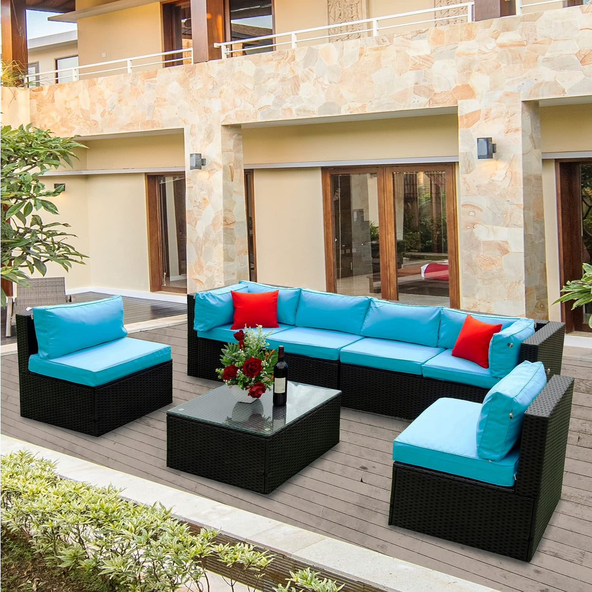 5 Pieces PE Rattan Sectional Outdoor Furniture Set with Cushions and Pillows