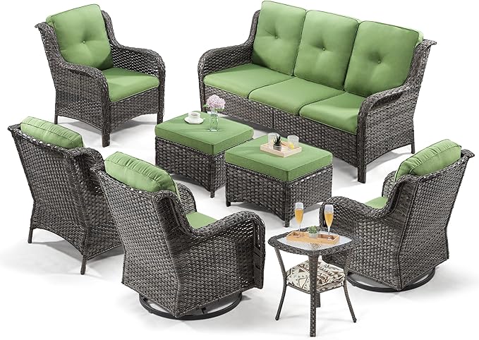 5 Piece Outdoor Patio Furniture Set Wicker Conversation Bistro Set Swivel Rocking Chairs with Side Table and Ottomans for Backyard, Porch, Deck(Mixed Grey/Orange)