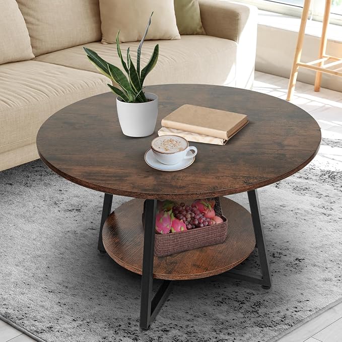 Round Coffee Table, 2-Tier Circle Coffee Table with Storage