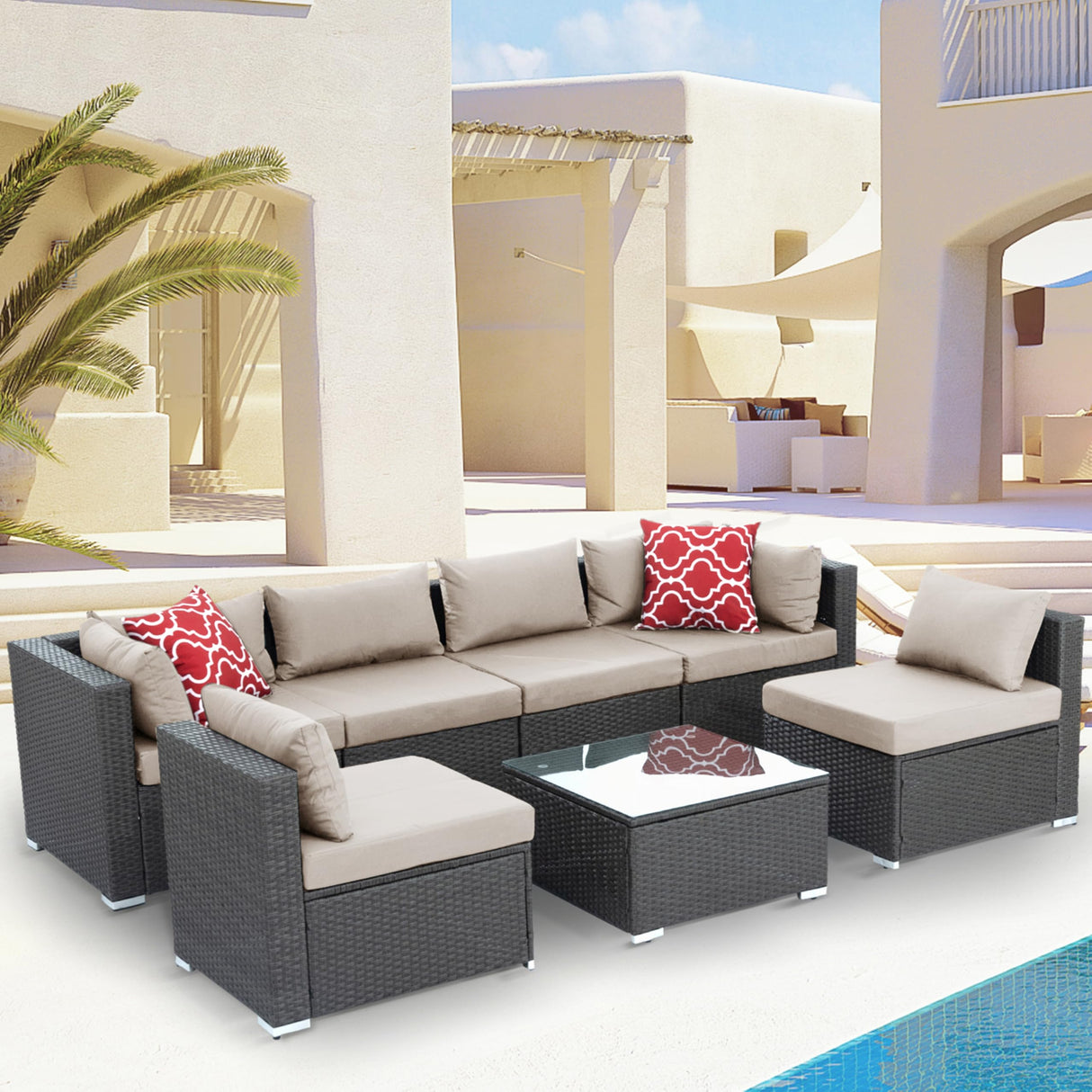 7 Piece Patio Furniture Set, All Weather Outdoor Rattan Wicker