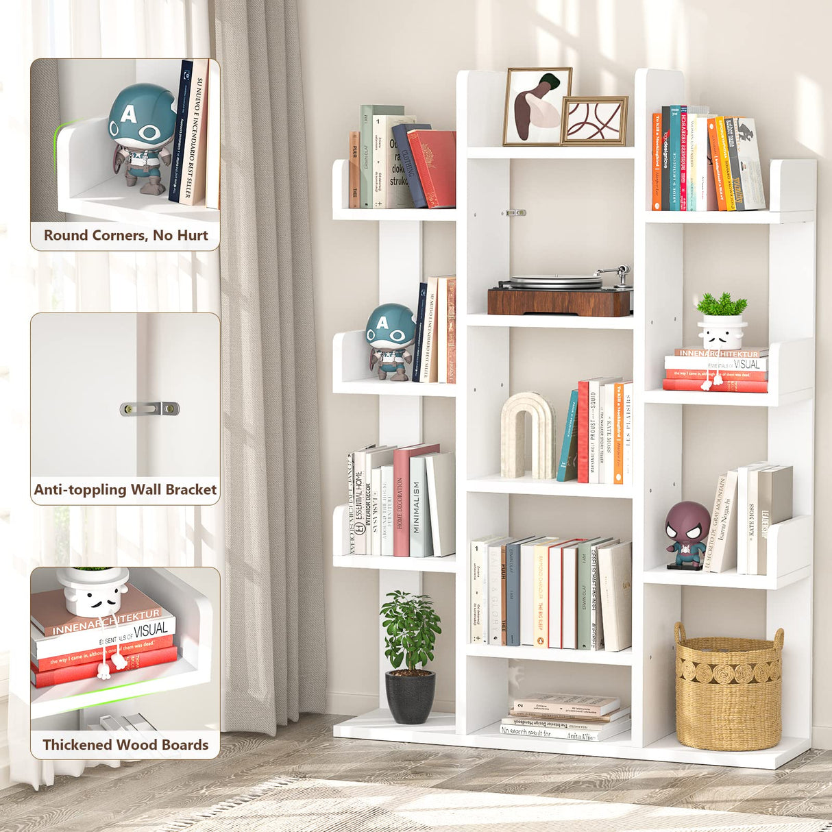 Bookshelf, Tree-Shaped Bookcase Storage Shelf with 13 compartments, Books Organizer Display Cube Shelves, Industrial Free Floor Standing Wood Open Bookshelves for Home, White