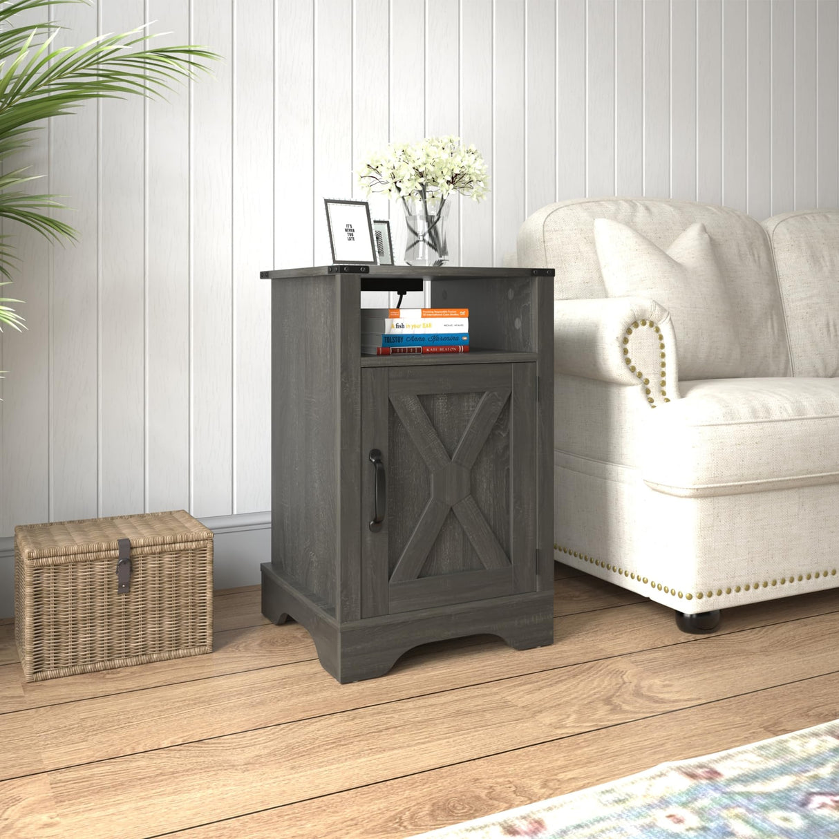 Farmhouse Nightstand Side Table with Charging Station & Storage, Dark Gray Wood