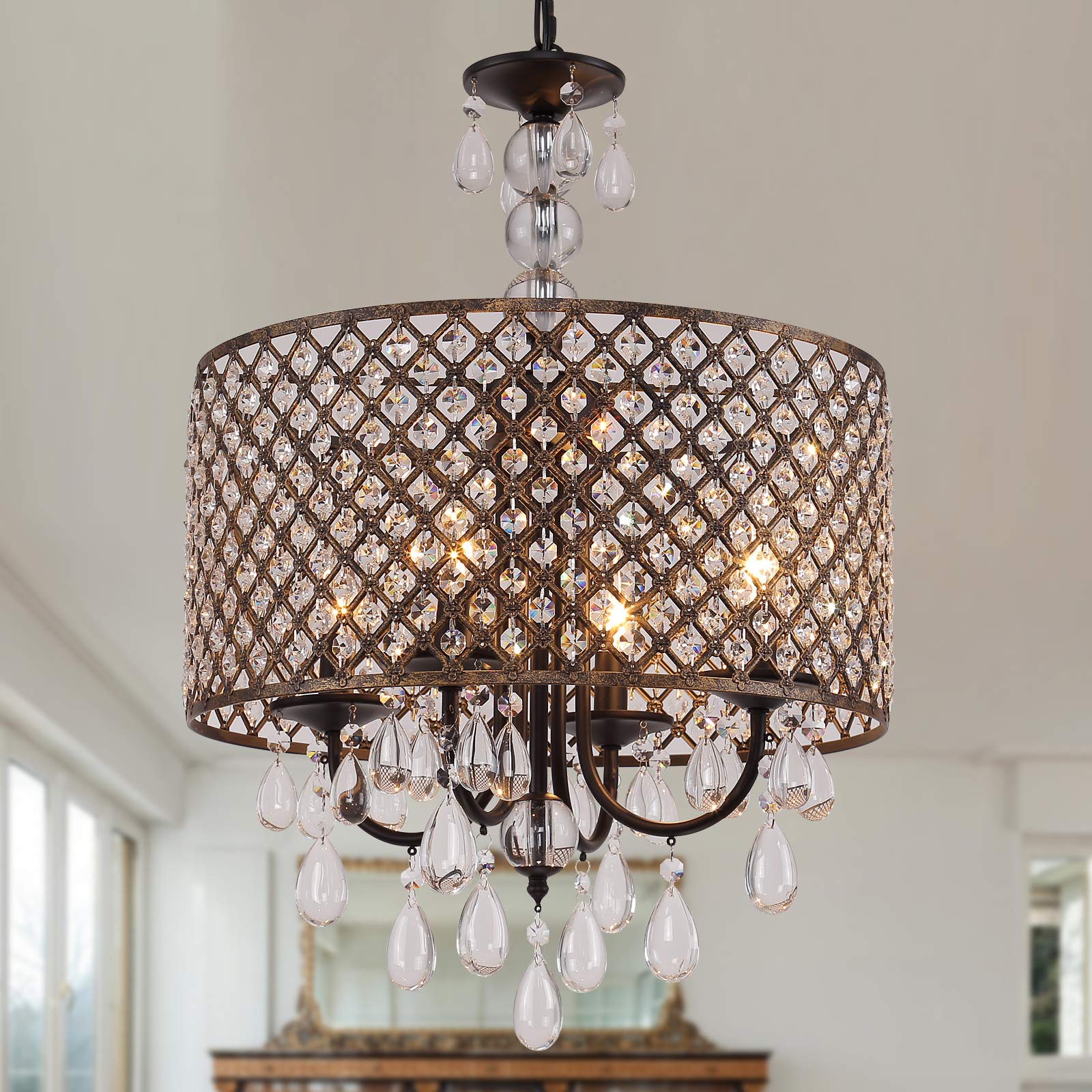 Modern Round Crystal Chandelier,Antique Beaded Drum Shade Copper Bronze 4 Lights