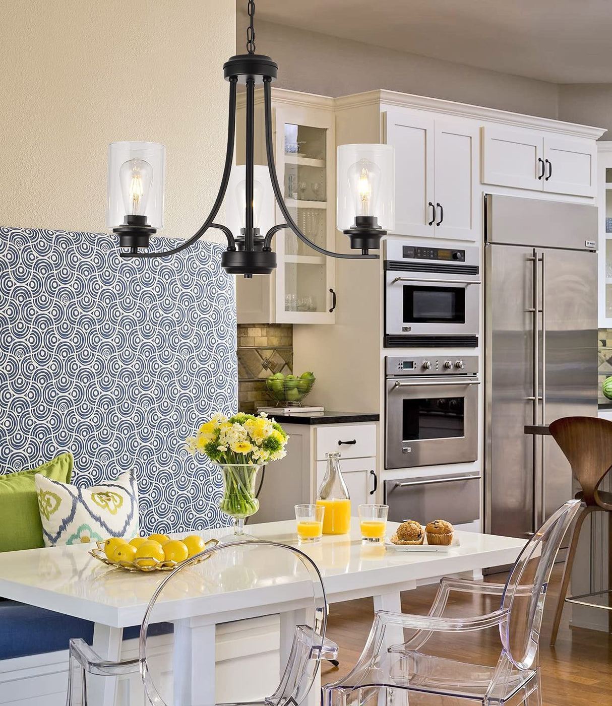 3 Lights Black Traditional Chandelier Rustic Kitchen Island Lighting Fixtures Hanging Clear