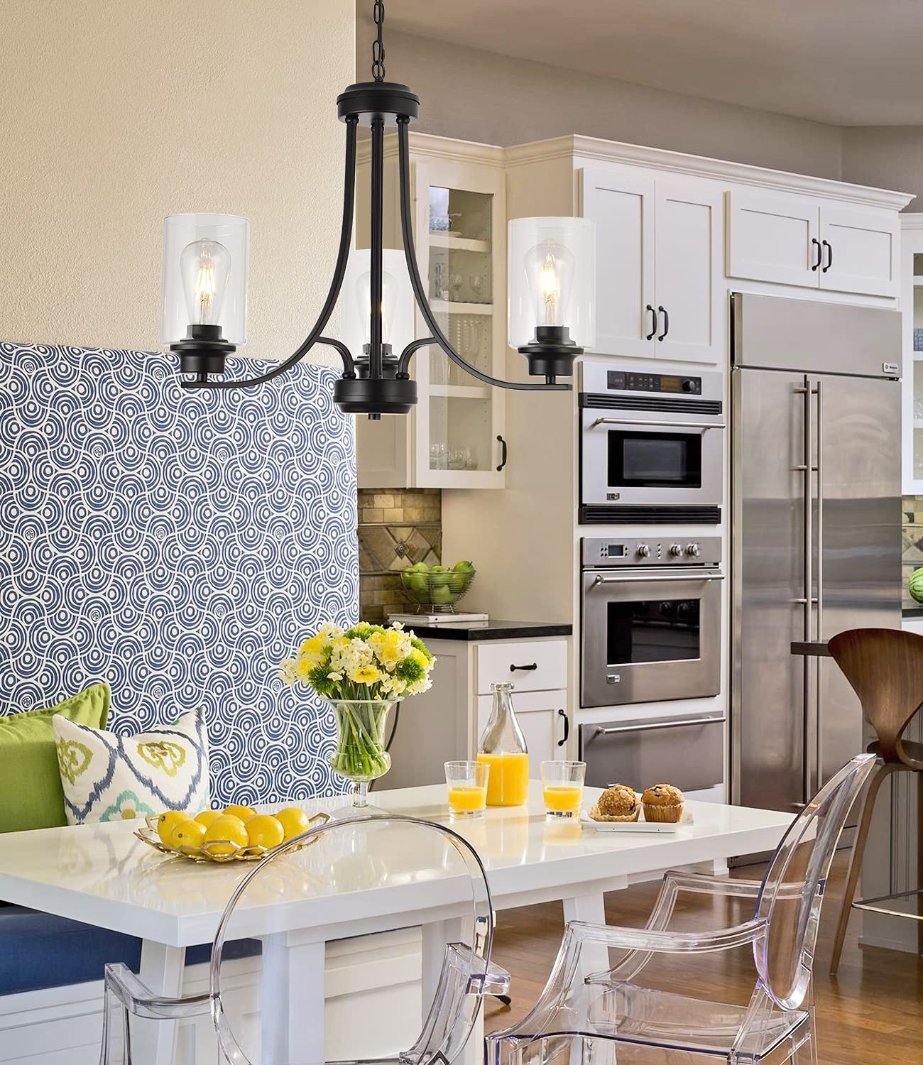 3 Lights Black Traditional Chandelier Rustic Kitchen Island Lighting Fixtures Hanging Clear