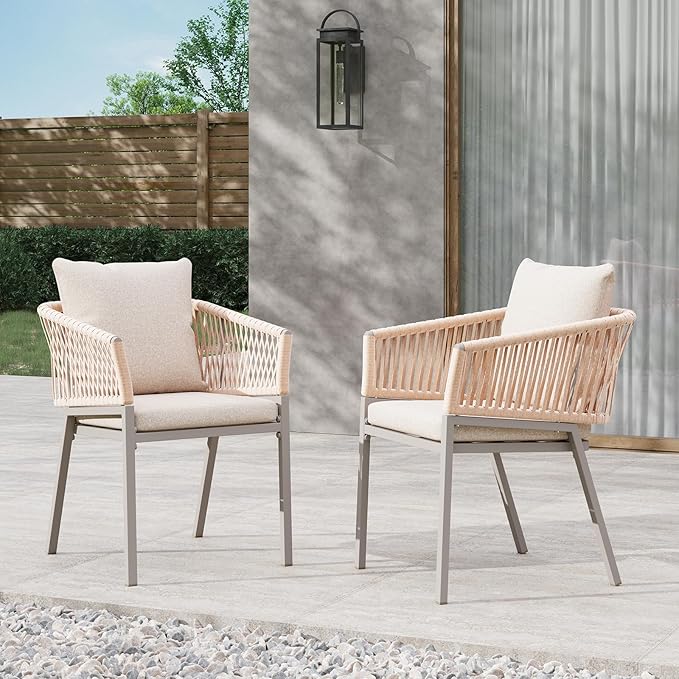 Patio Dining Chairs Set of 2, Outdoor Aluminum Dining Chairs with Woven Rope