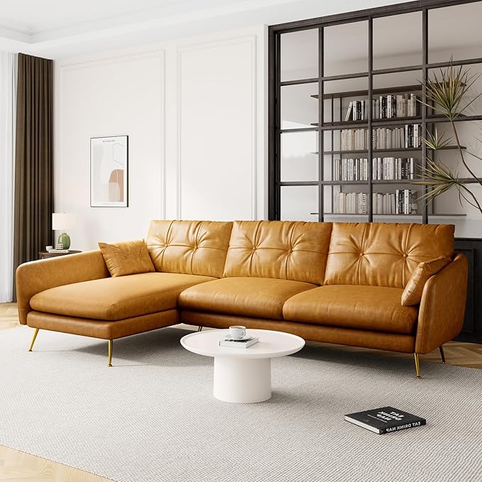 Faux Leather L Shaped Sectional Couch,Left-Facing Sectional Leather Down Fill Sofa