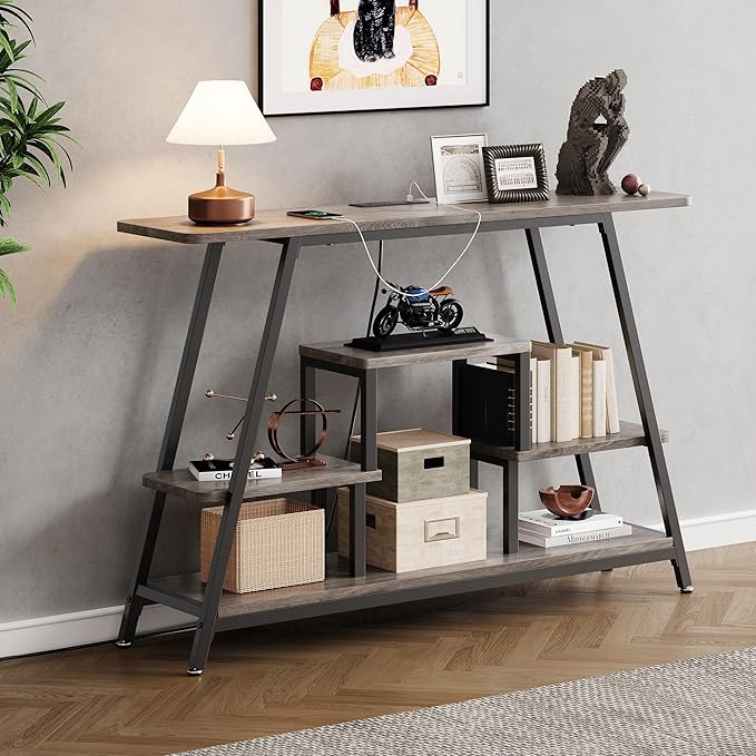 BedsPick 47.3" Console Table with Outlet, Entryway Table with 4-Tier Storage Shelves, Narrow Sofa Table with Charging Station, Couch Table Behind Sofa for Entryway, Hallway, Living Room, Rustic Brown